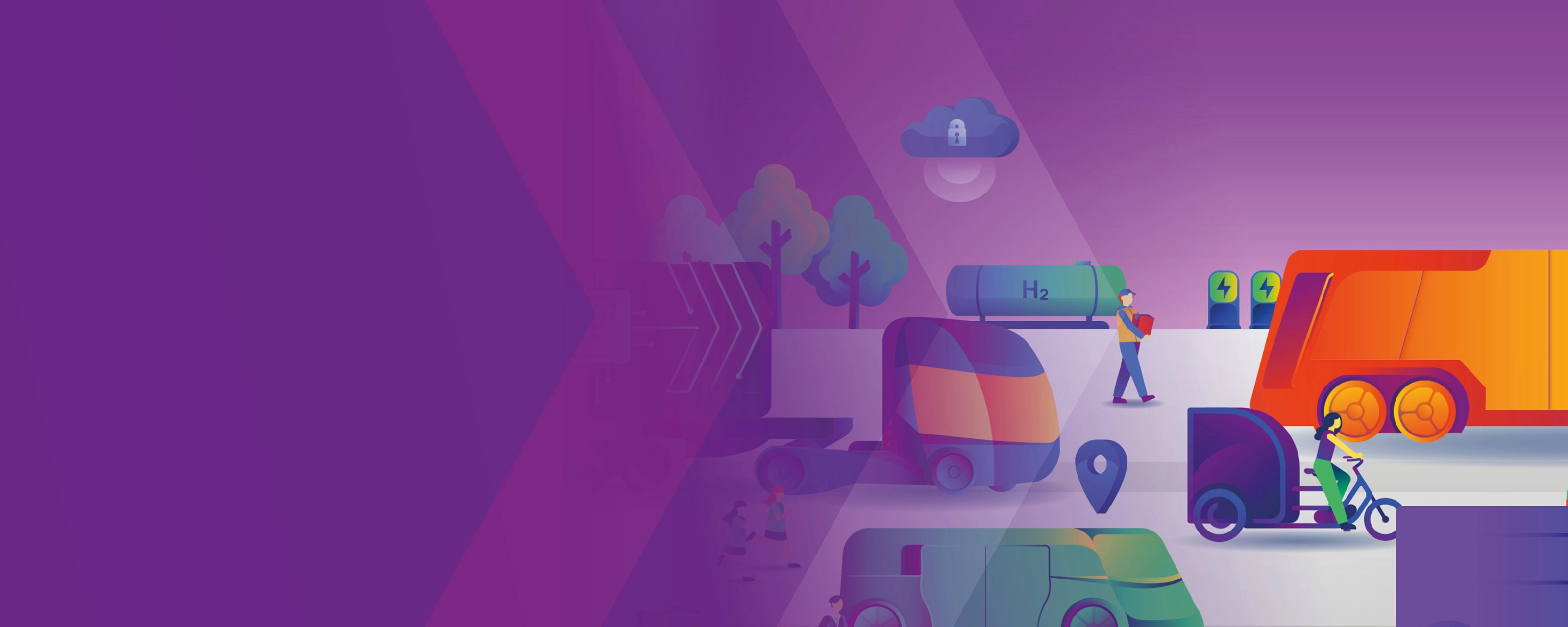 Illustration of sustainable commercial vehicles with truck, van and cargo bike.